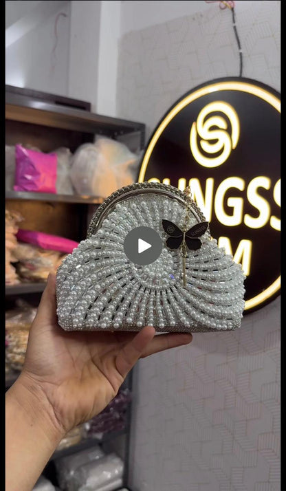 Slingss Luxury Range Snail Shape Pearl Partywear Handbag For Ladies With Long Chain
