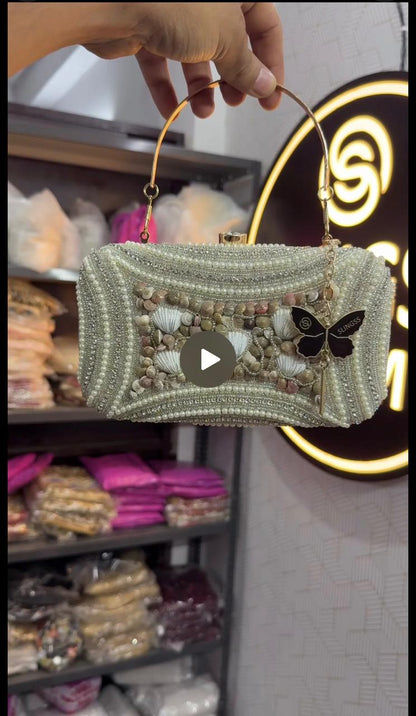 Slingss Exclusive Premium White Beads Seap Embroidered Partywear Clutch For Ladies With Handle & Long Chain