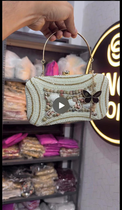 Slingss Exclusive Premium White Beads Seap Embroidered Partywear Clutch For Ladies With Handle & Long Chain