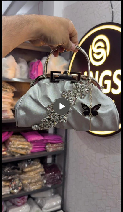 Slingss Luxury Range Diamond Embroidered Partywear handbag With Handle & Long Chain