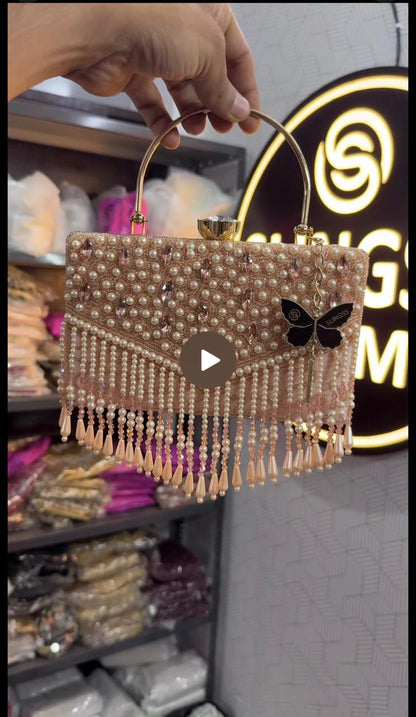 Slingss Luxury Range Hanging Beads Embroidered Partywear Handbag For Ladies With Handle & Long Chain