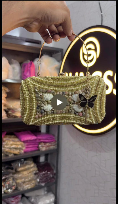 Slingss Exclusive Premium Seap Embroidered Partywear Clutch For Ladies With Handle & Long Chain