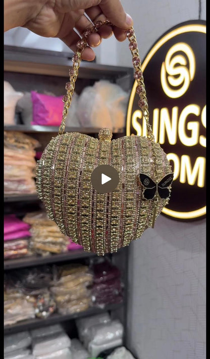 Slingss Exclusive Premium Heart Shape Partywear Diamond Embroidered Clutch For Ladies With Handle & Long Chain
