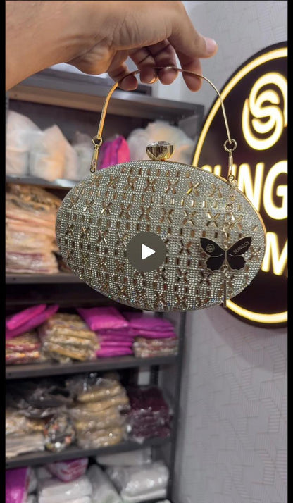 Slingss Exclusive Premium Oval Shape Partywear Embroidered Clutch For Ladies With Golden Handle & Chain