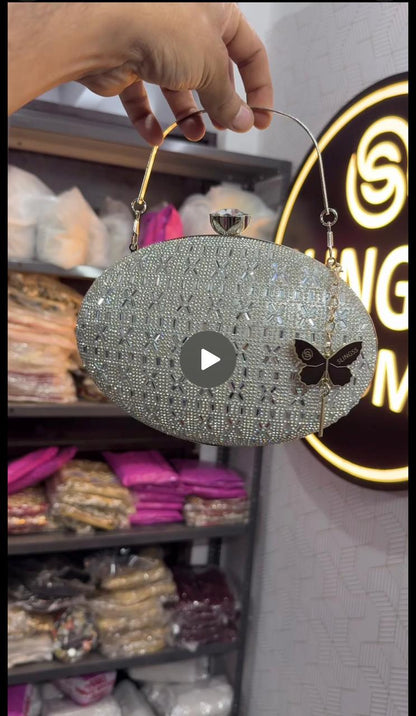 Slingss Exclusive Premium Oval Shape Partywear Embroidered Clutch For Ladies With Silver Handle & Chain