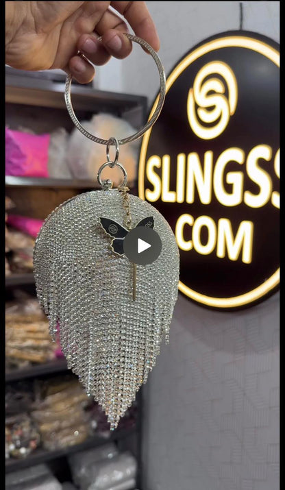 Slingss Exclusive Premium Ball Shaped Partywear Embroidered Clutch For Ladies With Silver Handle & Long Chain