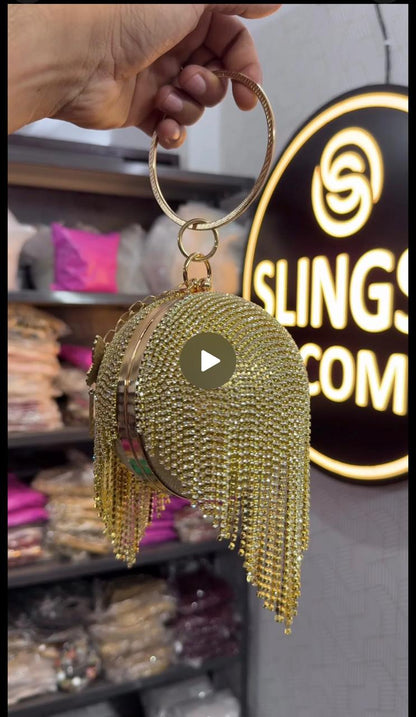 Slingss Exclusive Premium Ball Shaped Partywear Embroidered Clutch For Ladies With Golden Handle & Long Chain