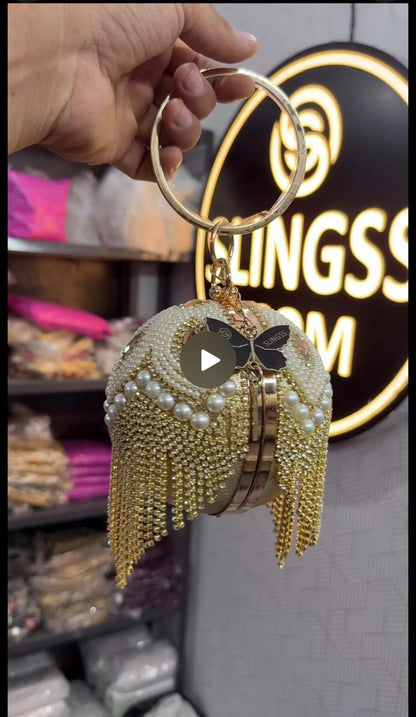 Slingss Exclusive Premium Ball Shaped Partywear Embroidered Clutch For Ladies With Gold Handle & Long Chain