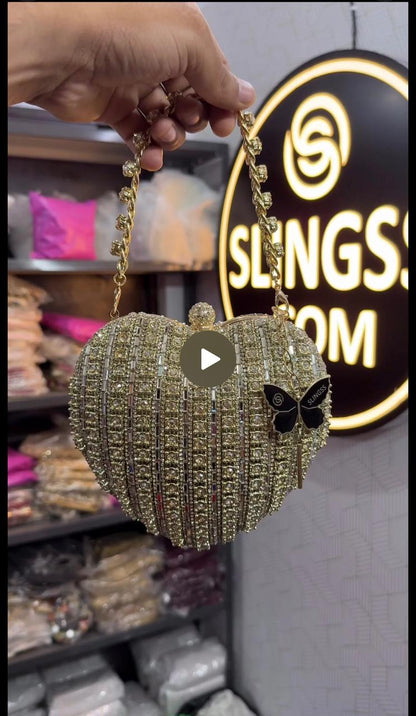 Slingss Exclusive Premium Heart Shape Partywear Diamond Embroidered Clutch For Ladies With Handle & Long Chain