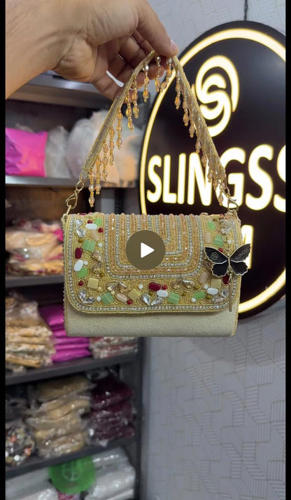 Slingss Luxury Range Exclusive Stones Embroidered Partywear Handbag For Ladies