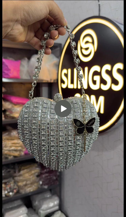 Slingss Exclusive Premium Heart Shape Partywear Diamond Embroidered Clutch For Ladies With Handle & Long Chain