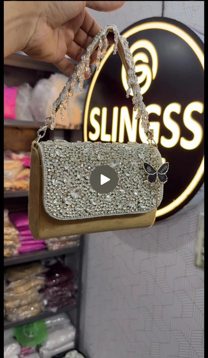 Slingss Luxury Range Diamond Embroidered Partywear Handbag For Ladies With Handle