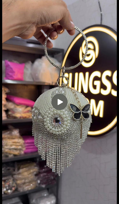 Slingss Exclusive Premium Ball Shaped Partywear Embroidered Clutch For Ladies With Handle & Long Chain