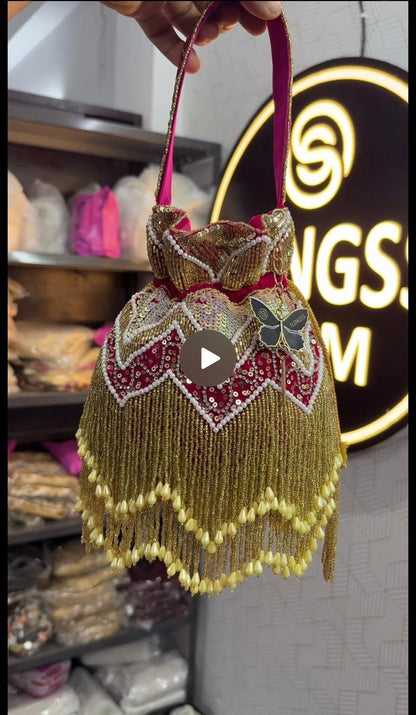 Slingss Exclusive Luxury Range Double Side Jhallar Embroidered Partywear Potli For Ladies With Handle