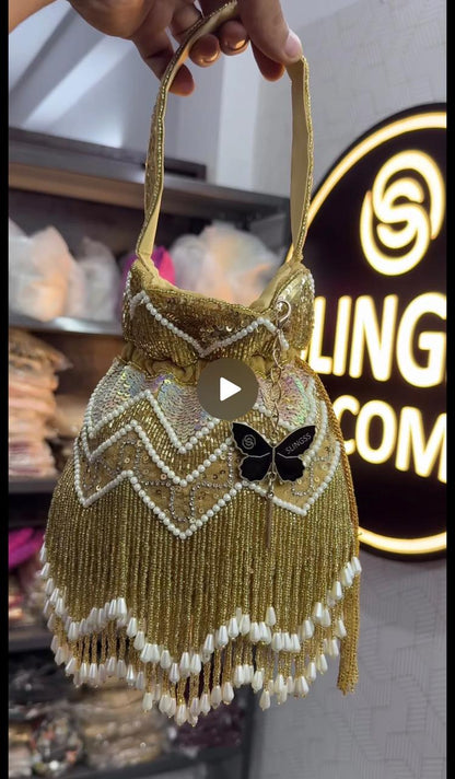 Slingss Exclusive Luxury Range Double Side Jhallar Embroidered Partywear Potli For Ladies With Handle