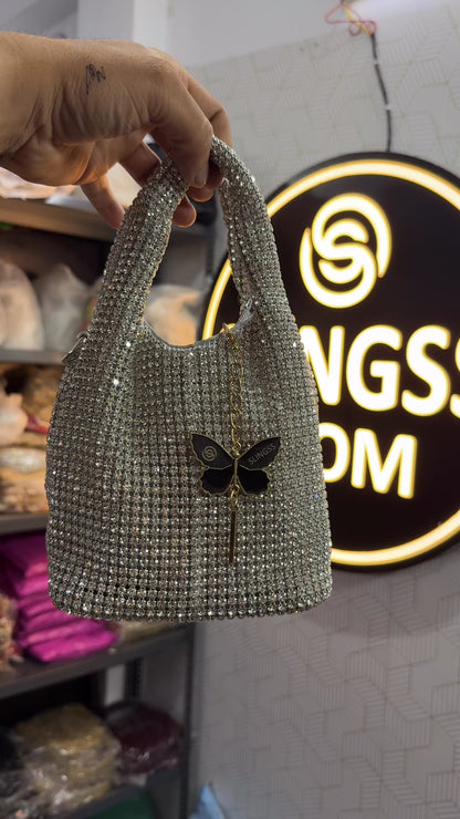 Slingss Luxury Range Exclusive Diamond Studded Partywear Basket Shaped handbag For Ladies With Long Chain