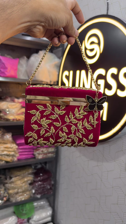 Slingss Luxury Range Boxy Embroidered Partywear Handbag For Ladies With Chain Handle And Belt