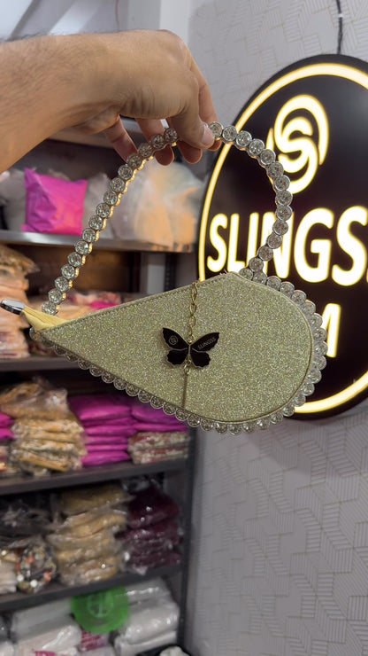 Slingss Exclusive Premium Heart Shape Partywear Glitter Embroidered Handbag For Ladies