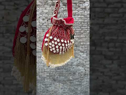 Slingss Exclusive Premium Jhallar Embroidered Partywear Potli For Ladies With Handle