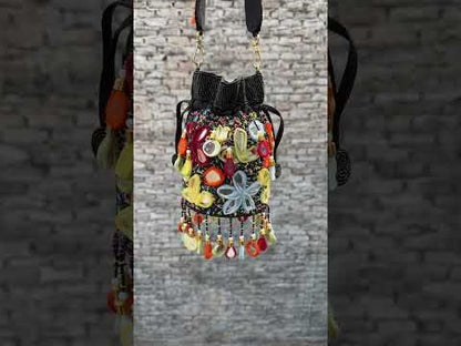 Slingss Exclusive Luxury Range Mirror Embroidered Jhallar Partywear Potli For Ladies With Handle