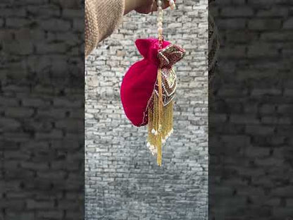 Slingss Premium Partywear Magenta Embroidered Potli For Ladies With White beads Handle