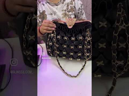 Slingss Luxury Range Big Size Black Embroidered Partywear Bag For Ladies