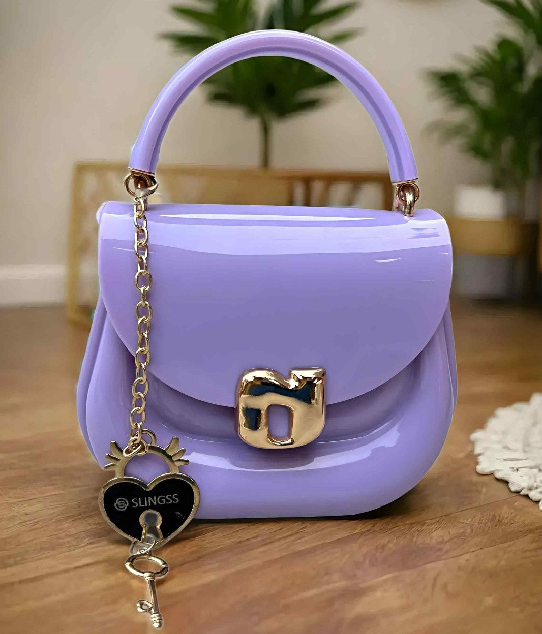 Slingss Mini Partywear Purple Silicon Purse For Girls With Handel & Long Belt