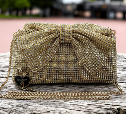 Slingss Luxury Range Exclusive Diamond Studded Partywear Bow Shaped Handle Bag For Ladies With Long Chain