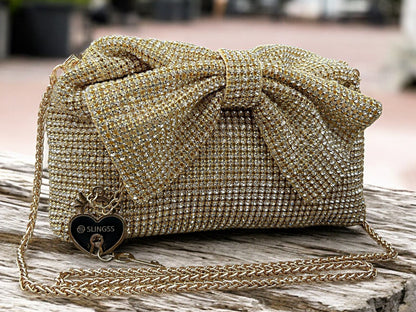 Slingss Luxury Range Exclusive Diamond Studded Partywear Bow Shaped Handle Bag For Ladies With Long Chain