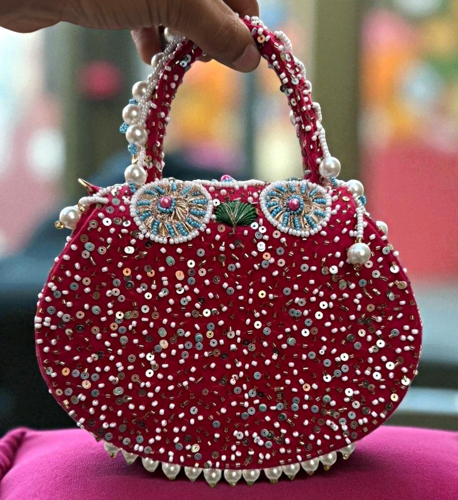 Slingss Luxury Range Hanging Beads Embroidered Partywear Handbag For Ladies With Handle & Chain