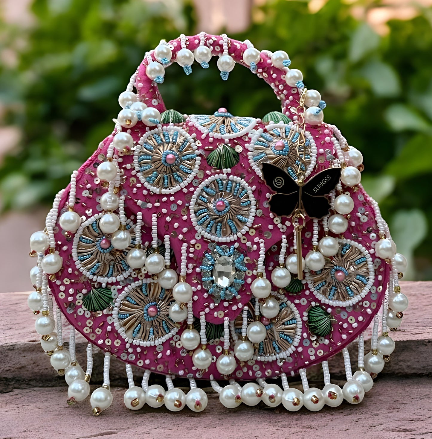 Slingss Luxury Range Hanging Beads Embroidered Partywear Handbag For Ladies With Handle & Chain
