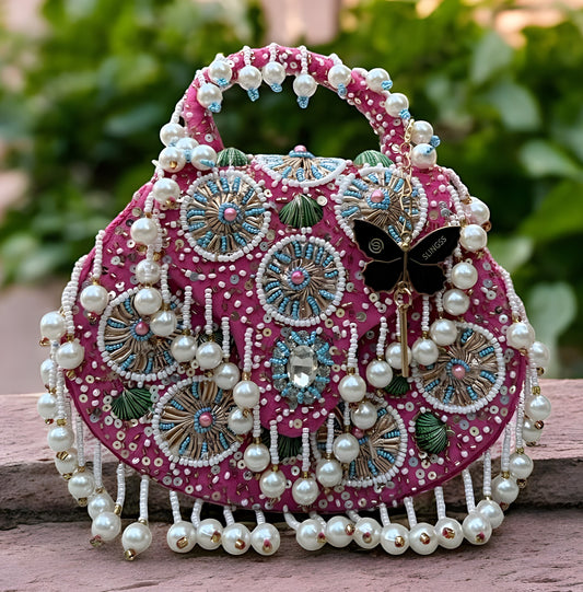 Slingss Luxury Range Hanging Beads Embroidered Partywear Handbag For Ladies With Handle & Chain