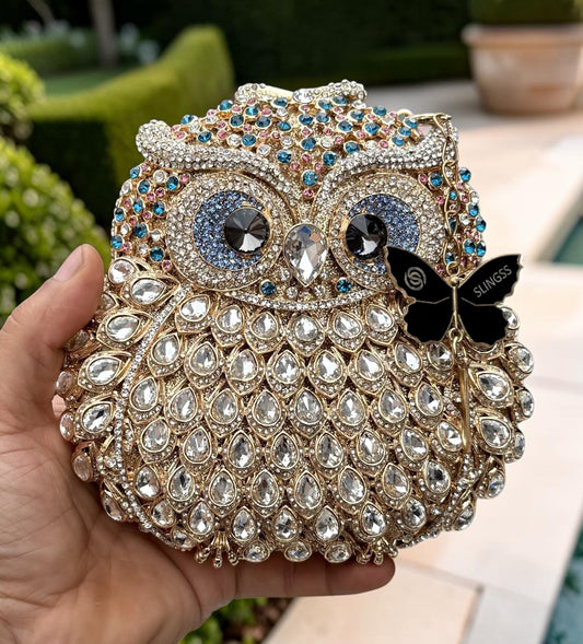 Slingss Super Luxury Owl Shape Exclusive Crystal Partywear Handbag For Ladies With Chain